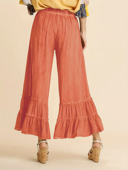 Women's Palazzo Pants For Elastic High Waisted Wide Leg Ruffle Ruched Loose Beach Trousers