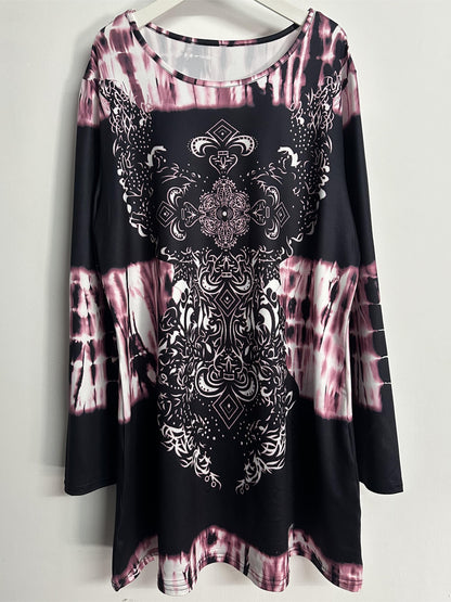 Plus Size, Plus Size Boho Top, Women's Plus Tie Dye Arabesque Print Long Sleeve Round Neck Slight Stretch Tunic Top