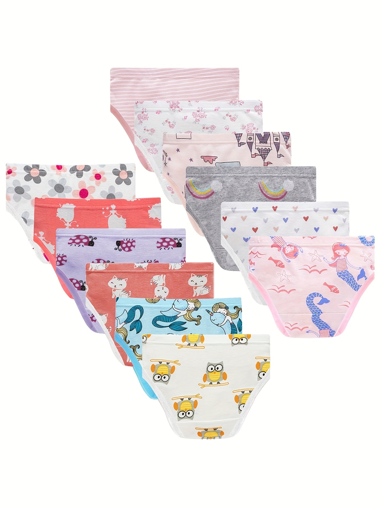 12 Pack Girls' 100% Cotton Underwear - Cute Mermaid, (Pegasus), Fox, Teddy Bear & Stripes Triangle Briefs | Semi-Sheer Breathable Panties for to Teen Girls | Year-Round, Easy Hand Wash Care