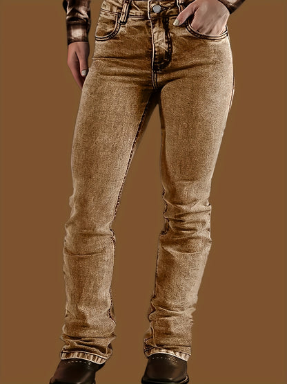 High Waisted Brown Washed Vintage Western Denim Style Stacked Elastic Horseshoe Slightly Flared Pants