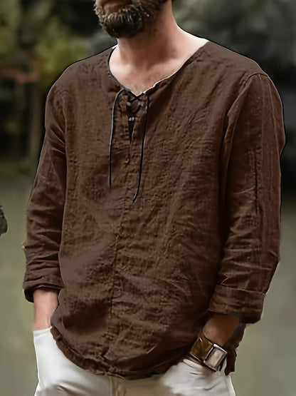 Collection of 3 Lightweight Summer Shirts for Men Featuring a Trendy Retro Design, Perfect for Casual Everyday Wear with Long Sleeves And a V-Neck Lace-Up Style