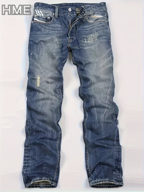 [HME] Easy And Casual Men'S Jeans, Autumn And Winter New Heavyweight Denim Long Pants, Retro Washed Lightning Pattern, Natural Whitening, Three-Dimensional Cut Mid-Waist Design, Suitable for Business Or Casual, American Retro Style Men'S Jeans