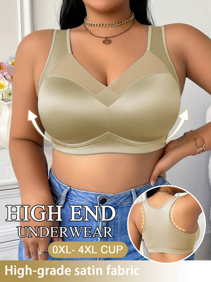 Wire-Free Plus Size Bra for Women - Mesh Design, Glossy Satin Seamless Underwear, Comfortable Breathable Soft Support, Non-adjustable Straps with Non-removable Padding, Nylon Spandex Blend Smooth Plus Size Bra, Perfect for Everyday Casual Wear