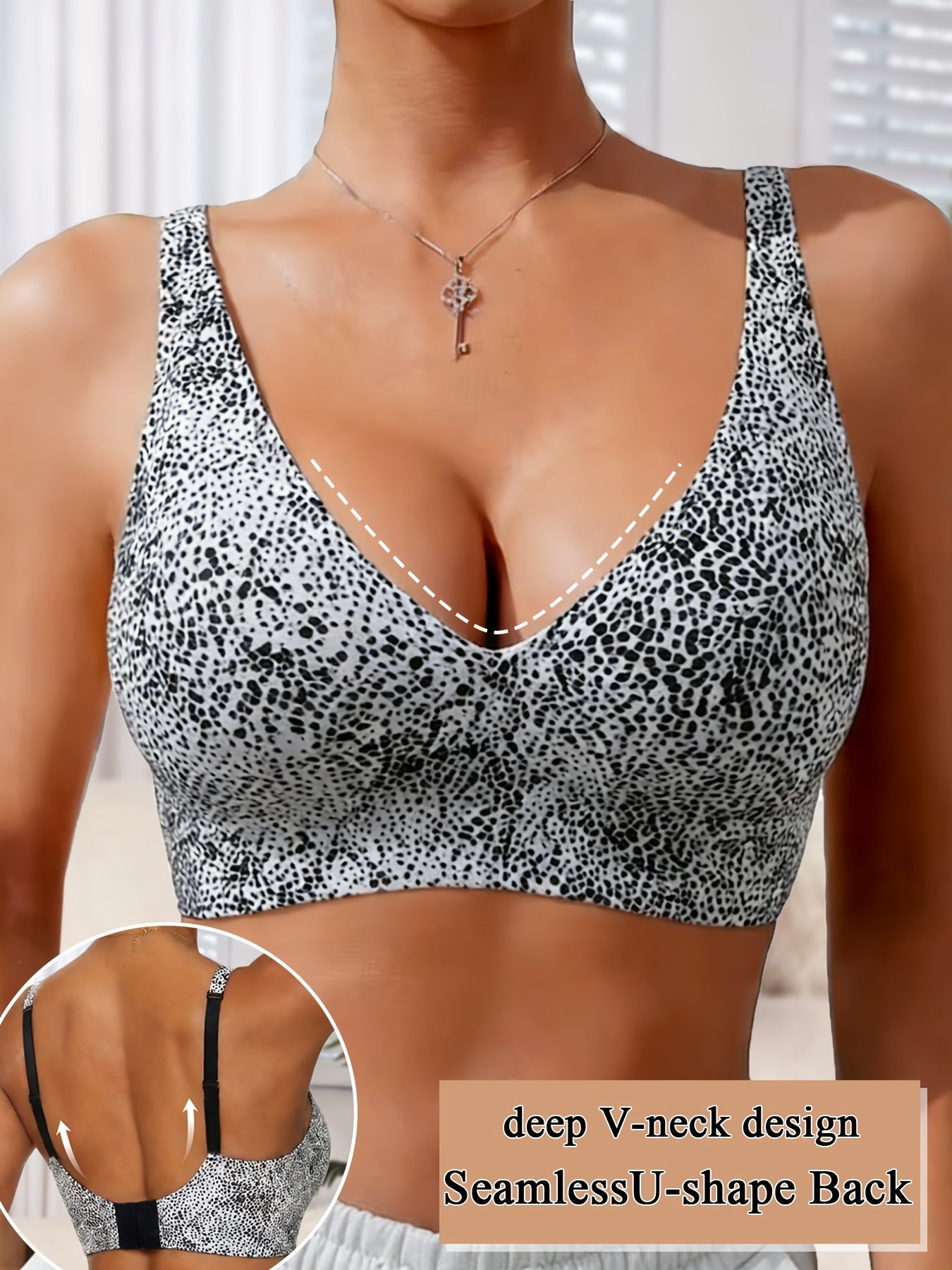 Women's Seamless Jelly Gel Sexy Leopard Print V-Neck Bra- No Underwire, Non-removable Pads, Adjustable Straps, Invisible Clasp, Breathable and Comfortable, Women's Push-up Bra, Women's Leopard Print Bra