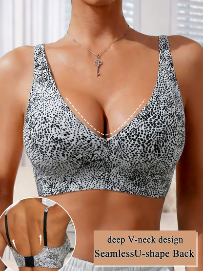 Women's Seamless Jelly Gel Sexy Leopard Print V-Neck Bra- No Underwire, Non-removable Pads, Adjustable Straps, Invisible Clasp, Breathable and Comfortable, Women's Push-up Bra, Women's Leopard Print Bra