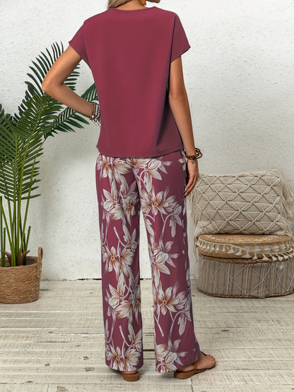 Women Solid Color Round Neck Short Sleeve Top And Flower Print Wide Leg Pants Set for Summer Two Piece Outfits