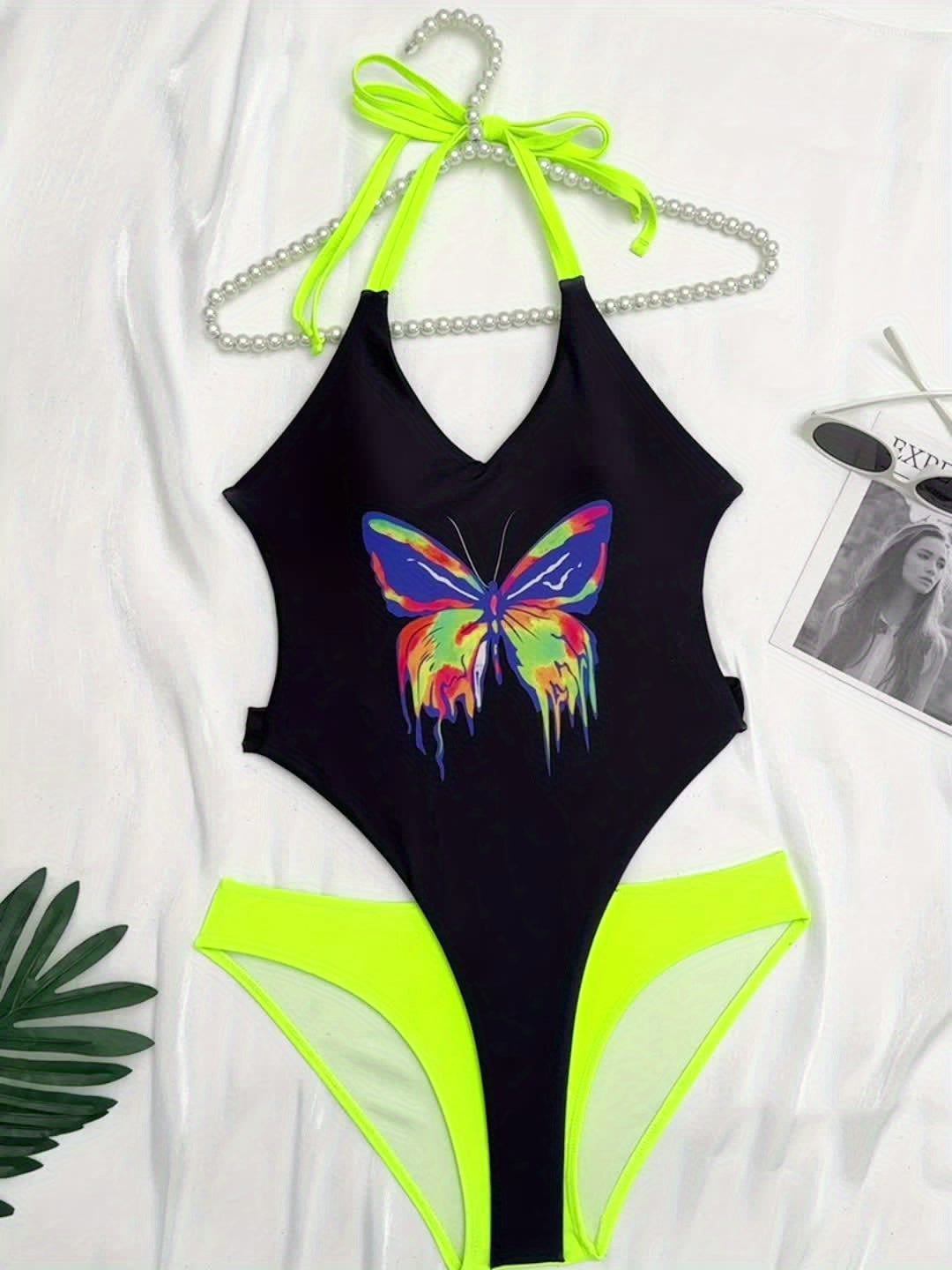 Butterfly Print One Piece Swimsuit, Contrast Color Halter Neck Cut Out Backless High Cut Bathing Suit, Women's Swimwear & Clothing