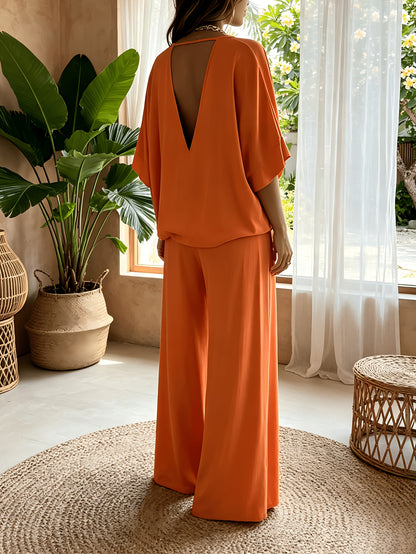 Women'S 2pcs V-Neck Wide Leg Pants Set - Boho Short Sleeve Loose Top & Drawstring Waist Outfit, Summer Beach Loungewear For Vacation, Perfect For Holiday And Daily Wear