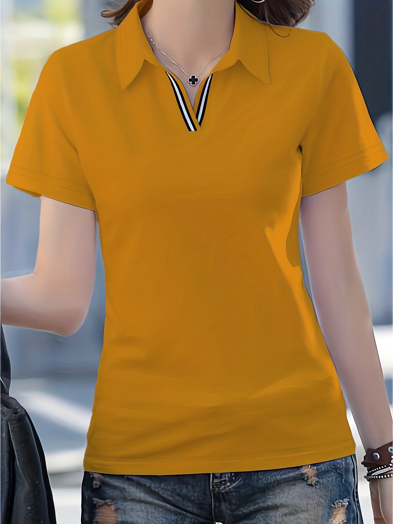 Women'S Casual V-Neck T-Shirt - Summer Short Sleeve Solid Color Top with Striped Collar & Waist Ribbon Detail, Machine Washable Regular Fit for Casual Attire, Comfortable Daily Tee, Stylish Ribon Detail, Smooth Fabric Tee