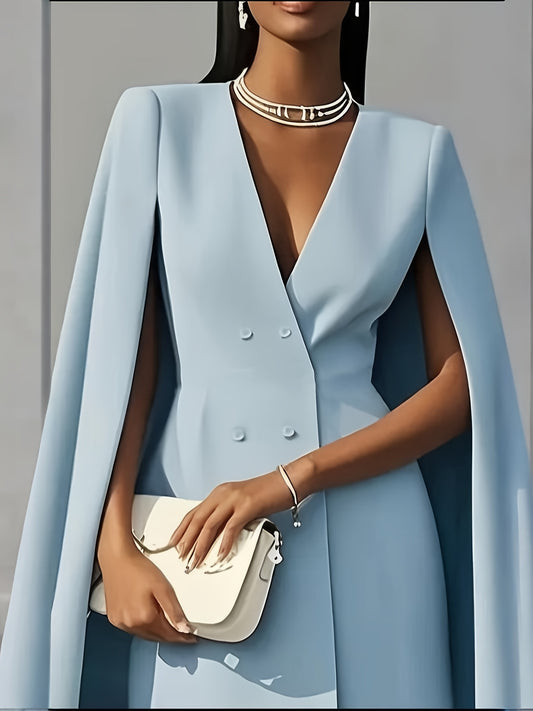 [Spring & Summer Party] Women's Elegant Solid Color V Neck Double-Breasted Cape Blazer Dress Spring & Summer Party Banquet Outfit 2pcs Outfits for Women Elegant Classy