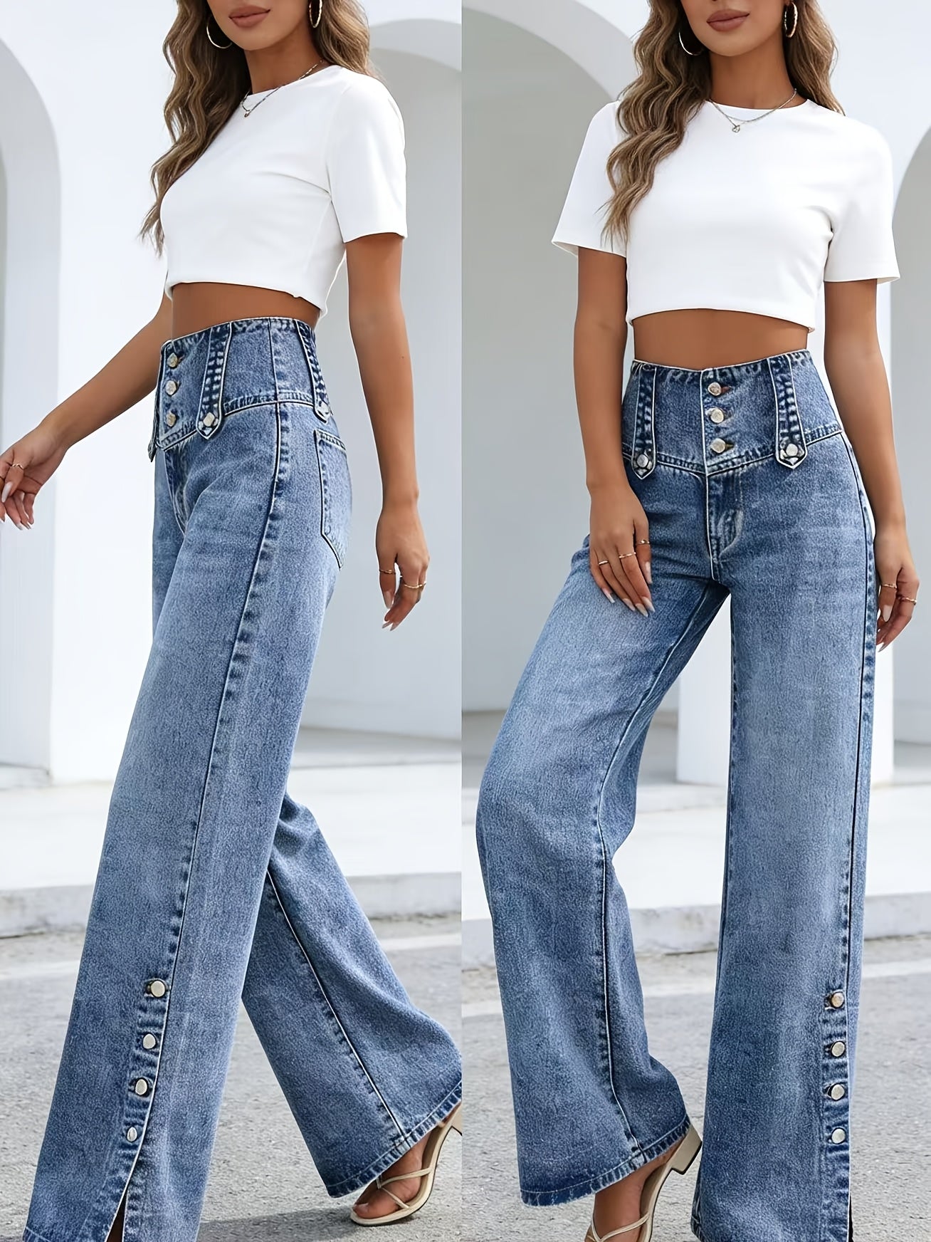 Women'S Casual Fashion Button-Waist Relaxed Fit Jeans Featuring an Open-Hem Design, Versatile for Multiple Occasions a Timeless, Year-Round Staple That Pairs Effortlessly with Any Outfit