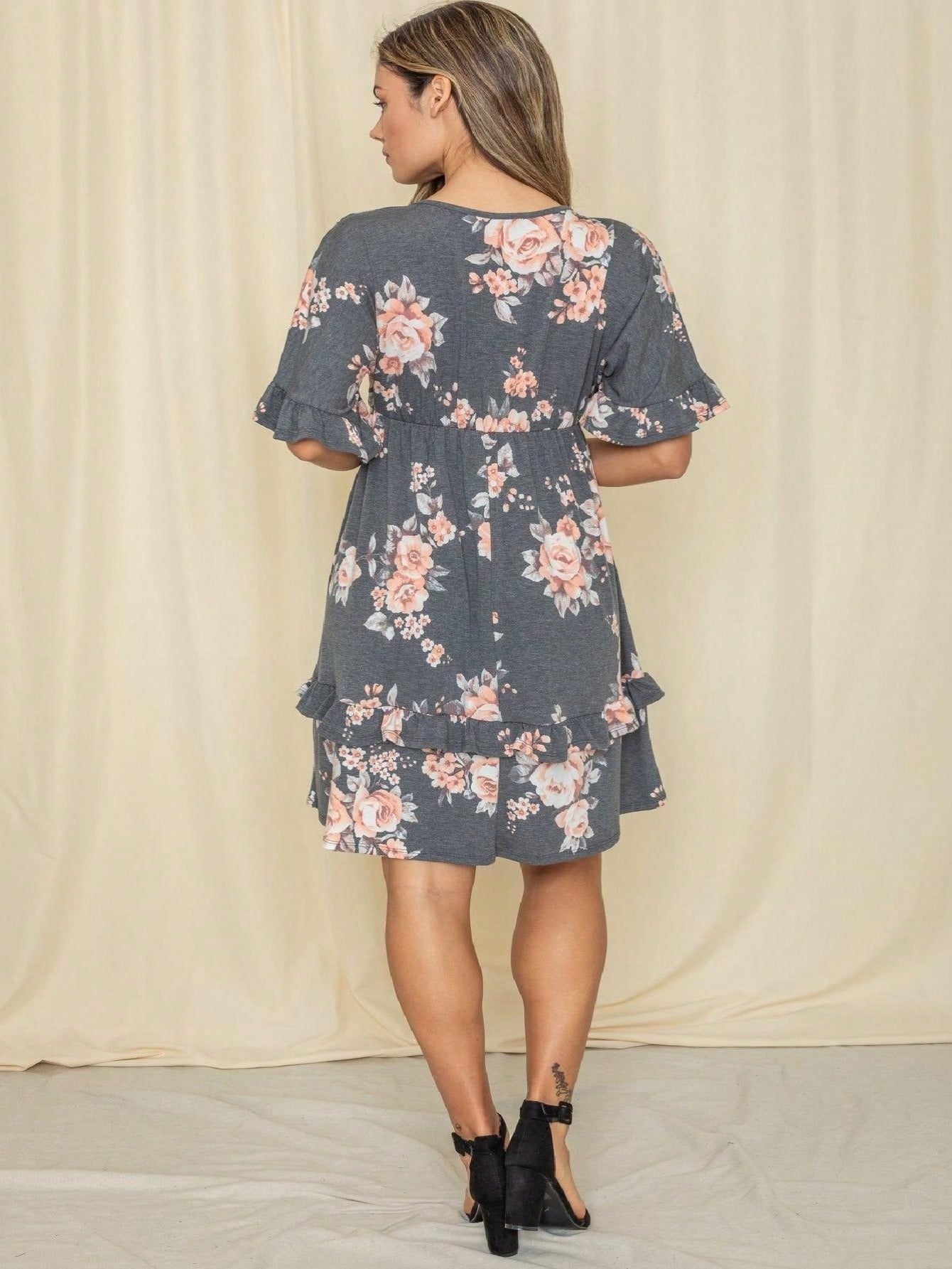 Vintage Boho Navy Pink Yellow White Charcoal Floral Ruffle flutter Trim Midi Dress S-3X