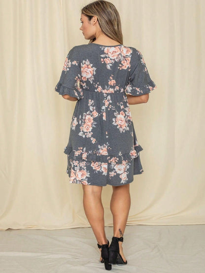 Vintage Boho Navy Pink Yellow White Charcoal Floral Ruffle flutter Trim Midi Dress S-3X