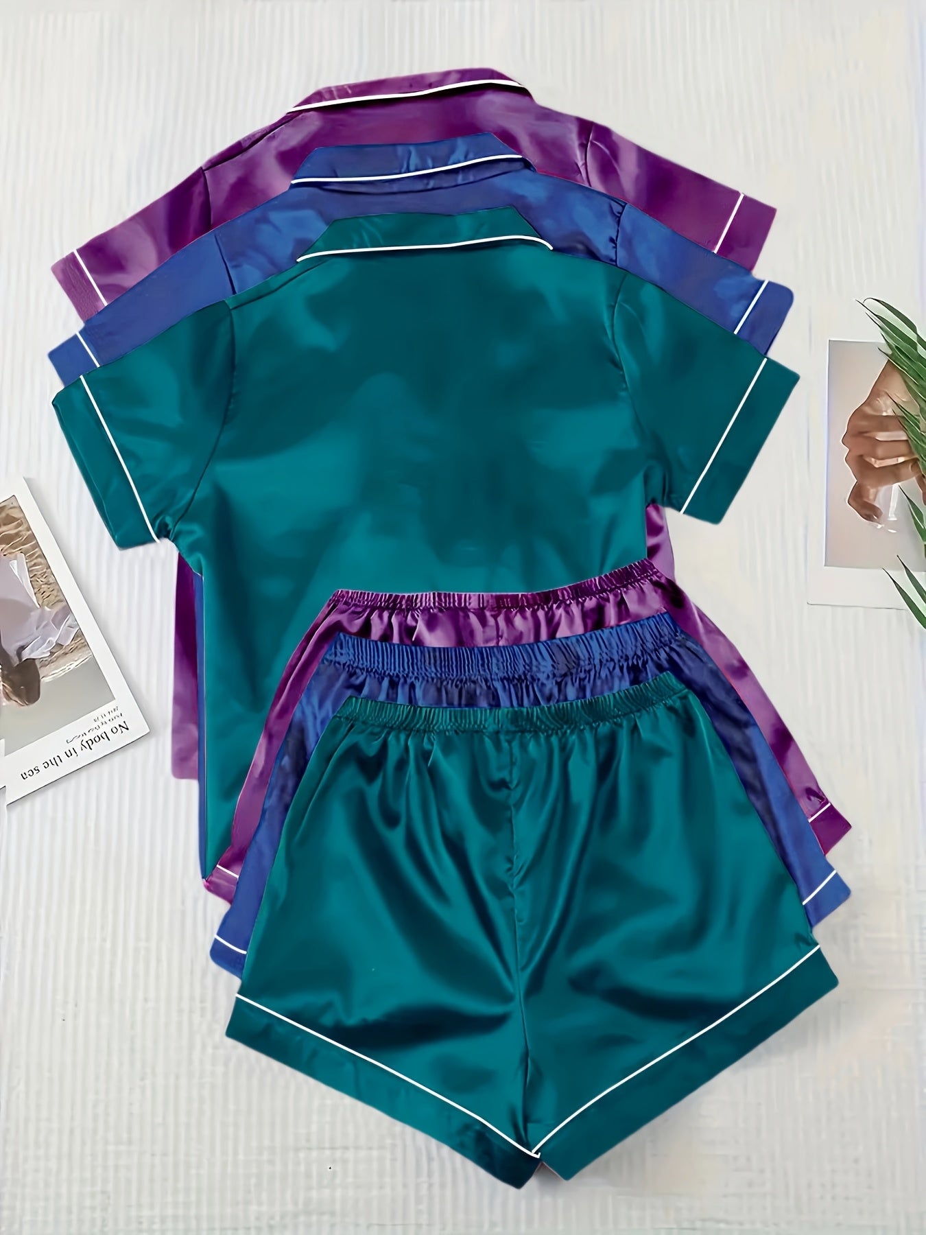 Casual, Fashionable, and Comfortable 6pcs Set in 3 Colors: Solid, Plain, Satin, and Satin Trim Short-Sleeve Shirt & Elastic Waist Shorts Pajama Set