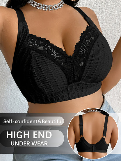 [Floral Lace Bra] Women Floral Print Lace Spliced Bra, Wire-Free Non-Padded Thin Lingerie, Soft Daily Intimates for Spring Summer Casual Wear
