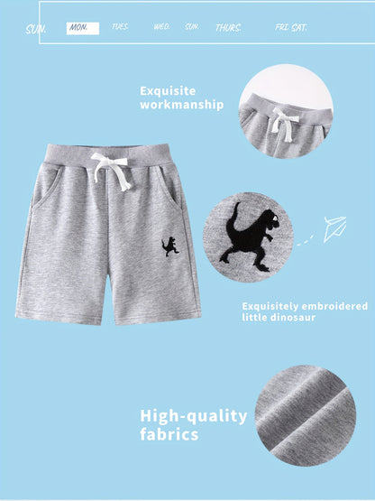 Set of Three Athletic Shorts for Young Boys Featuring Pockets - Easy Pull-On Style with Active Dinosaur Embroidery, Comfortable And Breathable Summer Shorts for Children, for Outdoor