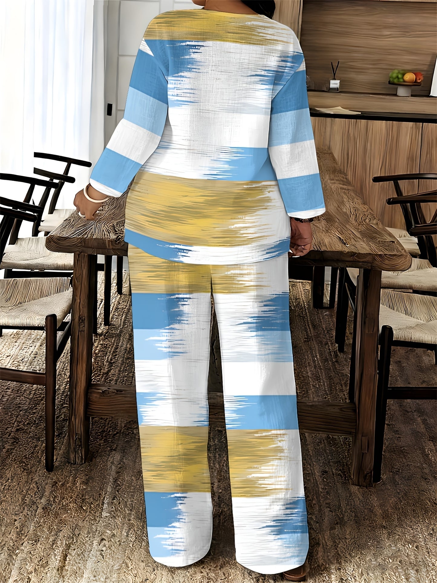 2026 New Women's Standard Size Long Sleeved Pants 2pcs Set, Set, Spring And Summer New V-Neck Long Sleeved Shirt Printed Elastic Waistband Pants 2pcs Set, Digital Printing Machine Washable Fabric, Elegant And Comfortable