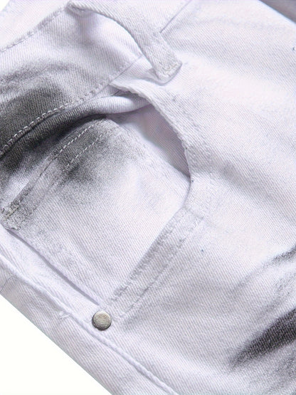 Men'S White And Black Printed Cat Whiskers Stretch Slim Jeans Casual Trousers