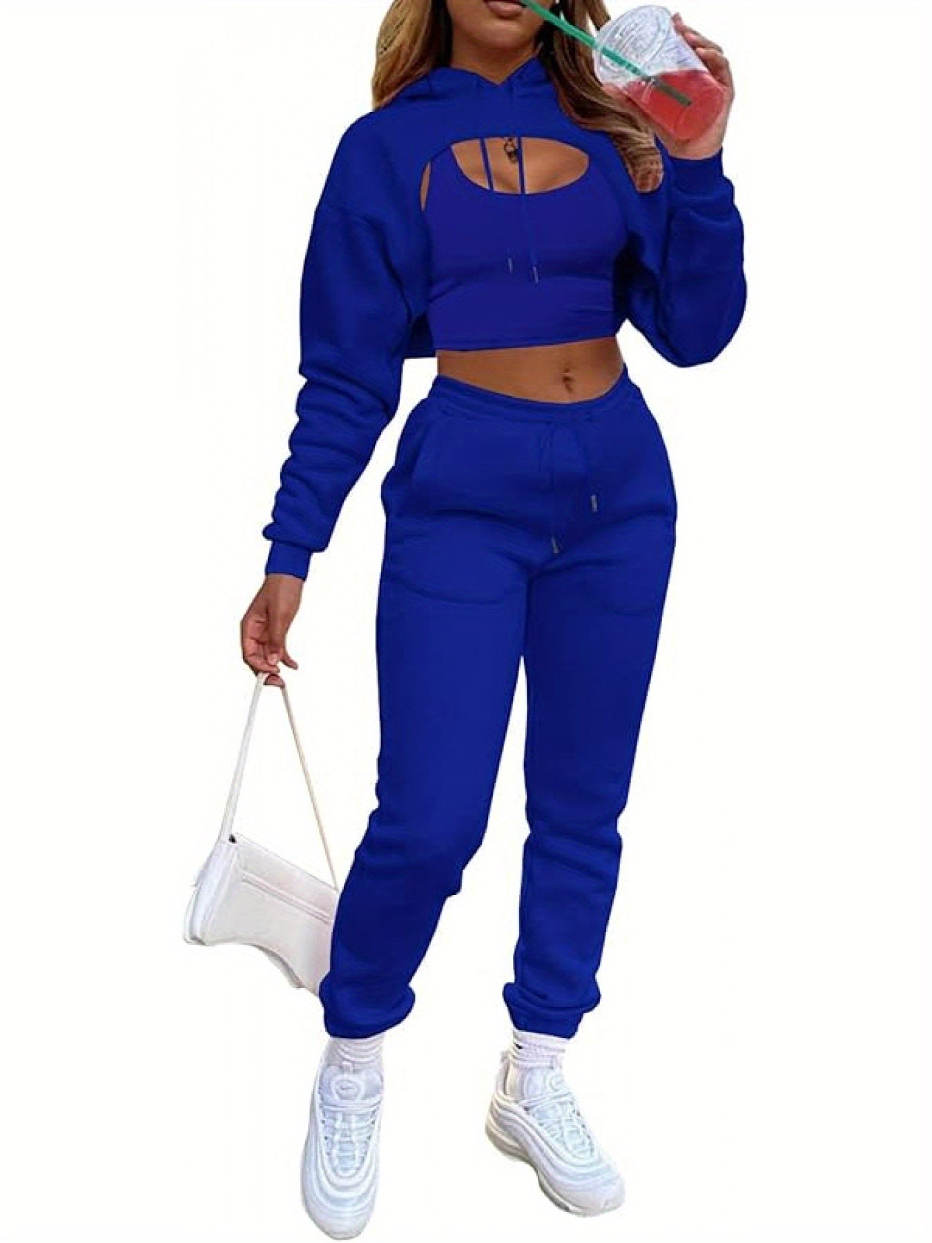 Women'S 3pcs Sweatsuits Sets Sexy Super Cropped Hoodie Tank Top And High Waisted Jogger Sweatpants Matching Loungewear Athleisure Outfits