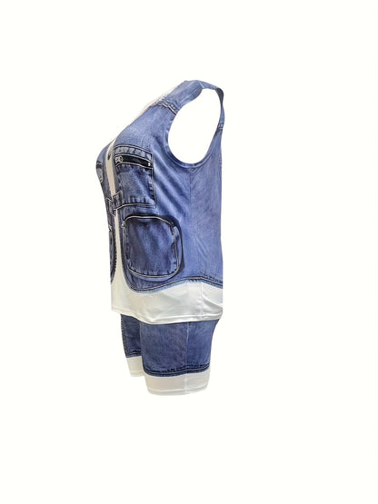 [Printed Pants - Not Denim Fabric] [Denim Print/ Denim Imitation]Women's Full-body Denim Imitation Print Two-piece Set. Loose Casual Sleeveless Top with Fitted Shorts. Round Neck Loose Top + Tight Shorts Set.