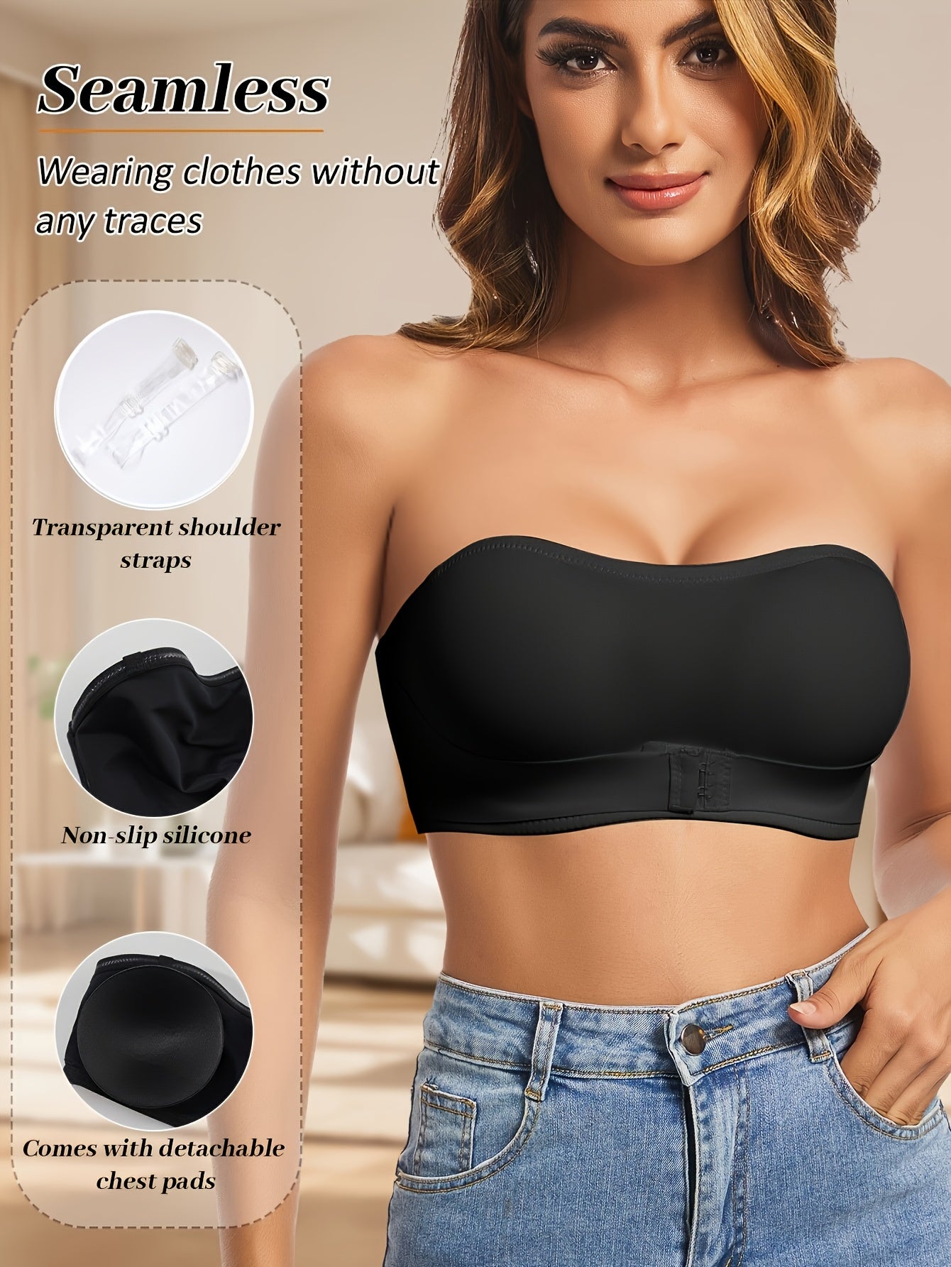 A Set of Three Detachable Padded Bras Without Underwire, Featuring a Strapless Design Made from Soft And Breathable Nylon Material, Perfect for Pairing with Summer Off-Shoulder Outfits, Showcasing Elegance