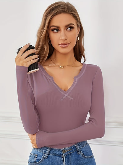 Women's Long Sleeve Tops Soft V Neck Ribbed Shirts Comfortable Clothes Blouse Tunic Four Season