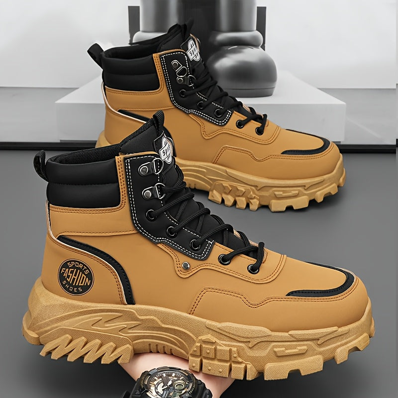 Men High Top Boots Spring Autumn PU Splicing British Retro Thick Sole Lace Up Comfort Anti-Slip Sport Mountaineering Boot