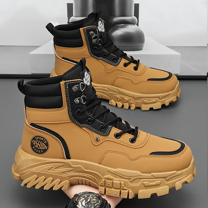 Men High Top Boots Spring Autumn PU Splicing British Retro Thick Sole Lace Up Comfort Anti-Slip Sport Mountaineering Boot