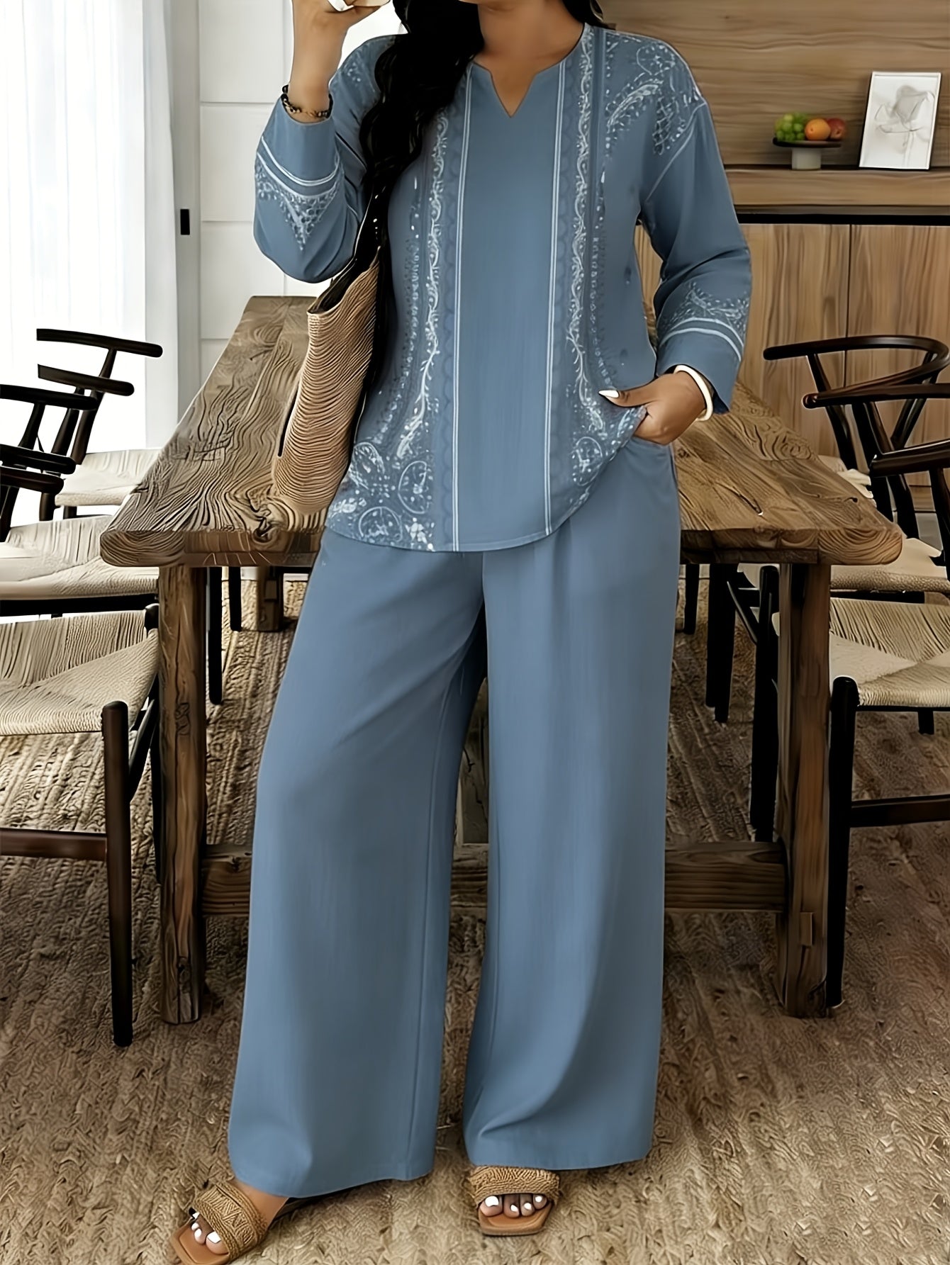 2pcs Set Of Women's Standard Size Long Sleeved Pants, Set, Spring And Summer New V-neck Long Sleeved Shirt Printed Pants Set, Digital Printed Non Hollow Top Machine Washable, Elegant And Comfortable, Suitable for Commuting And Dating