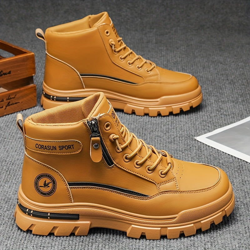 High-Top Zipper Design Men'S Boots for Autumn And Winter, Featuring a Waterproof PU Surface, Slip-Resistant And Durable Sole, Ideal for Outdoor Activities, Hiking, And Mountaineering