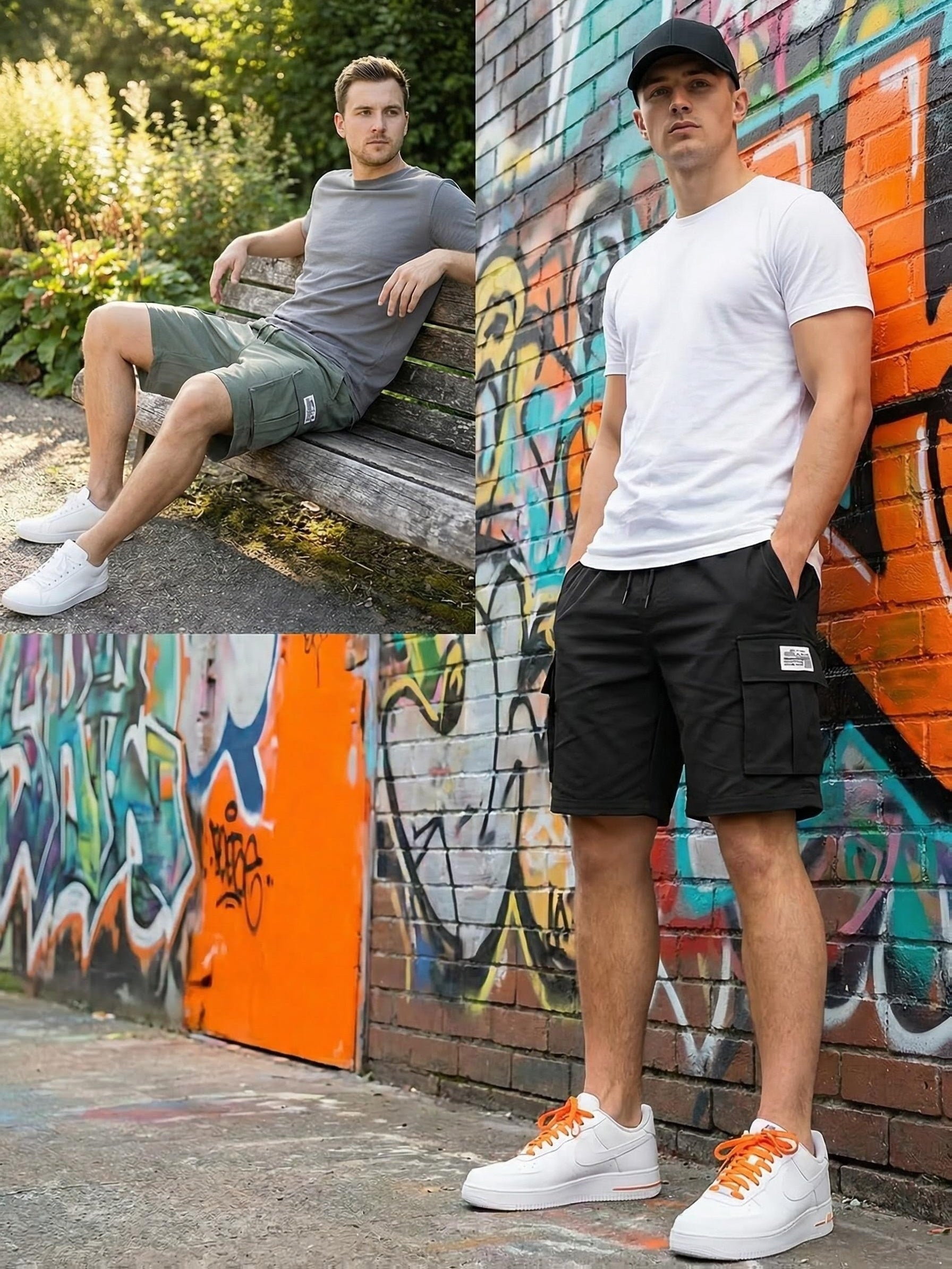 Men's Black+green+gray Polyester Cargo Shorts - product view 9