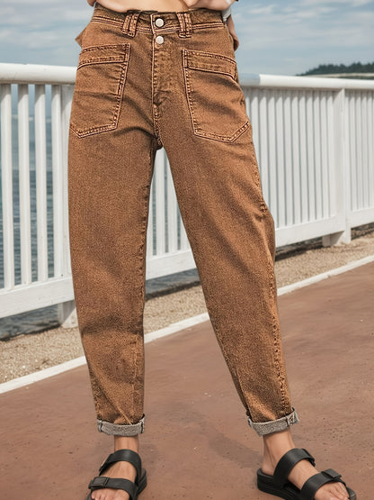 Women's Mid-Rise Distressed Stretch Jeans - Retro Button Placket & Slanted Straight-Leg Loose Fit Pants with Belt Loops, Olive Green/Brown Washed, Machine Washable All-Season Casual Trousers Suitable for Casual Attire & Layering