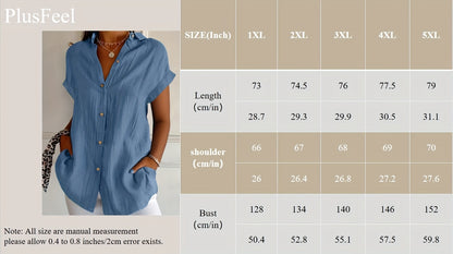 Plus Size - Plus Size - Spring And Summer Plus Size Women'S Elegant Solid Colour Short Sleeves Shirt - Blue, Button Design, Flap Collar, Smooth Fabric - Plus Size Shirt