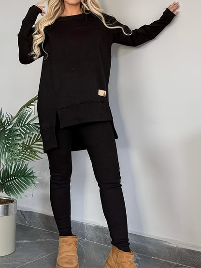 2pcs New Women'S Fashionable Casual Top with Slit Long Sleeves And Round Neck Casual Solid Color Set Suitable for Spring Workplace Commutes