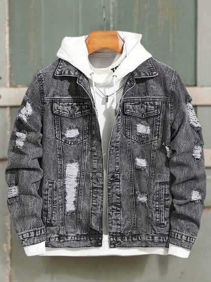 Men's Casual Street Style, with Ripped Details, Comfortable and Versatile, Suitable Casual Wear Trendy with Ripped Design, Made of Durable Snowflake Fabric