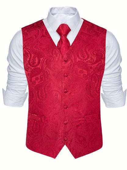Men'S Classic Formal Suit Vest And Necktie Set - Elegant Red Paisley Design, Made from Non-Stretch Fabric, Featuring a Button Front Closure, Suitable for All Seasons Including Weddings, Business Events, And Parties - Formal Wear for Men, Plus Size