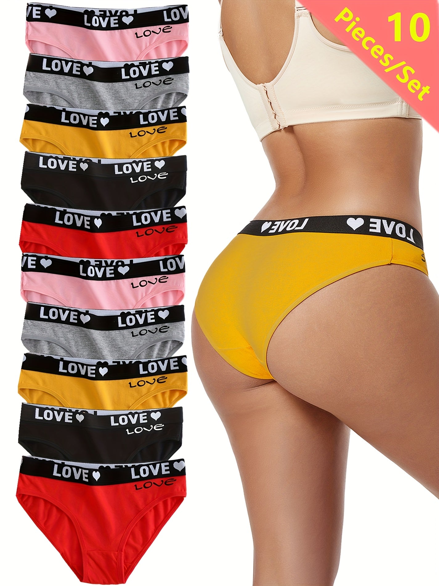 2026 Women's Breathable Panties, Valentine's Day Briefs With Heart And Letter Print 10pcs Game Day Underwear Football Fan Gear for All Fans
