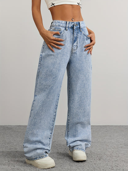 [High-Waist Straight-Leg Jeans] Women's High-Waist Straight-Leg Jeans in Light Wash Denim with Embroidered Bow Detail - Y2K Style, Fashionable and Versatile, Non-Stretch Fabric