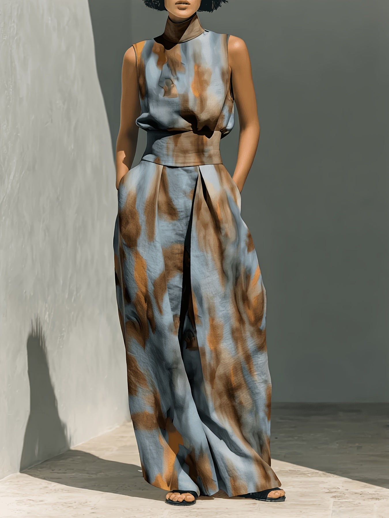 Blue & Brown Tie-Dye Print High Neck Sleeveless Top + Matching Wide-Leg Pants Women's Set | Artistic Edgy Charm, Perfect for Daily Street Style & Casual Gatherings