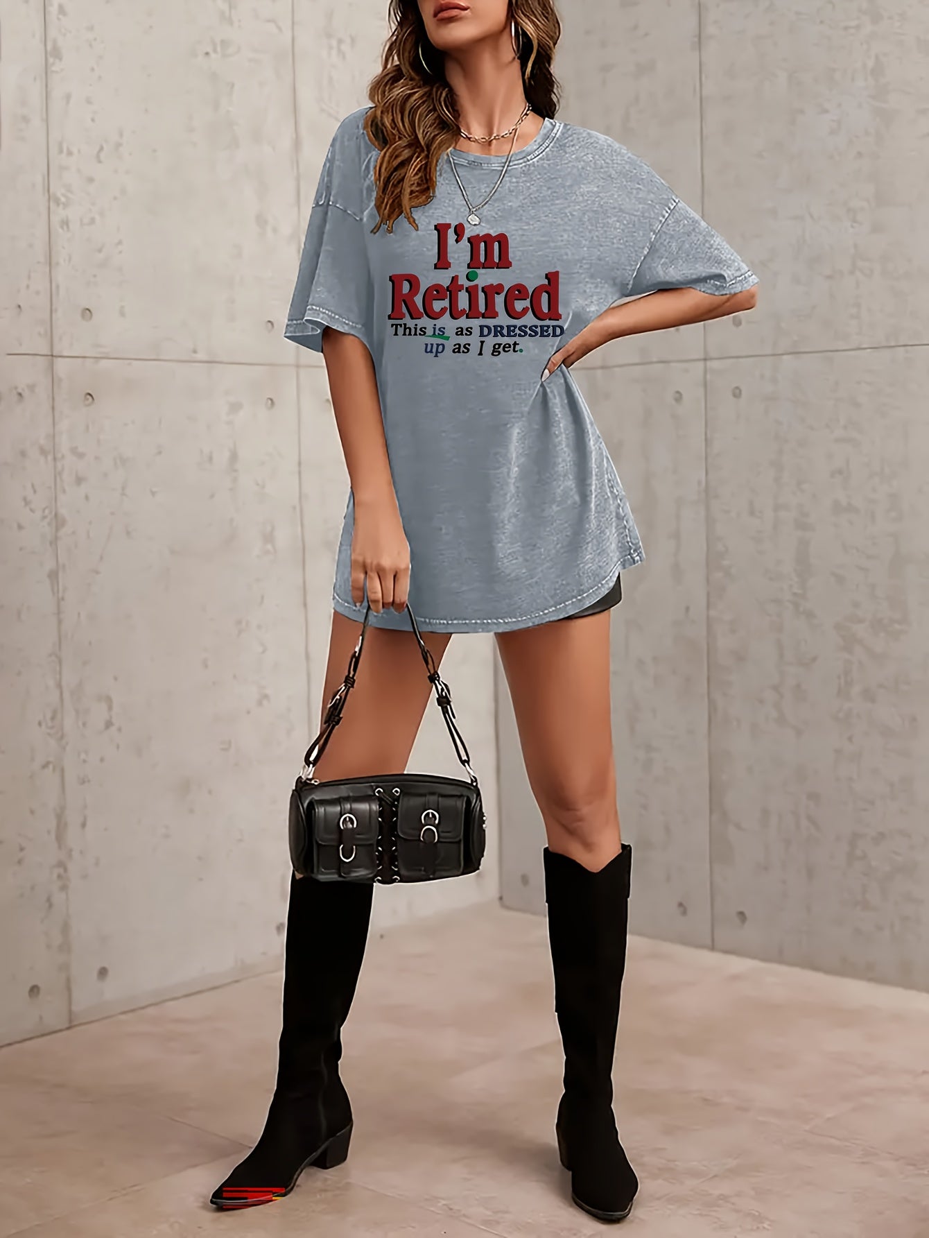 Plus Size, Pattern Printed Women's Retro Washed T-Shirt- 230g Thick, Round Neck Short Sleeve, Retro Street Style, Machine Washable, Spring Summer Casual Wear, Loose Fit T-Shirt