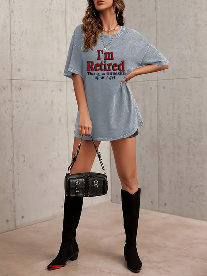 Plus Size, Pattern Printed Women's Retro Washed T-Shirt- 230g Thick, Round Neck Short Sleeve, Retro Street Style, Machine Washable, Spring Summer Casual Wear, Loose Fit T-Shirt