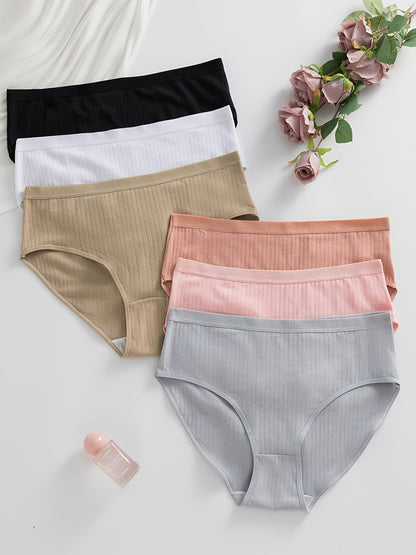 6pcs, Ribbed Underwear, Random Color, Women's Comfortable Breathable Triangle Panties, Soft And Simple Mid-Waist Thong, Maternity Clothes Women