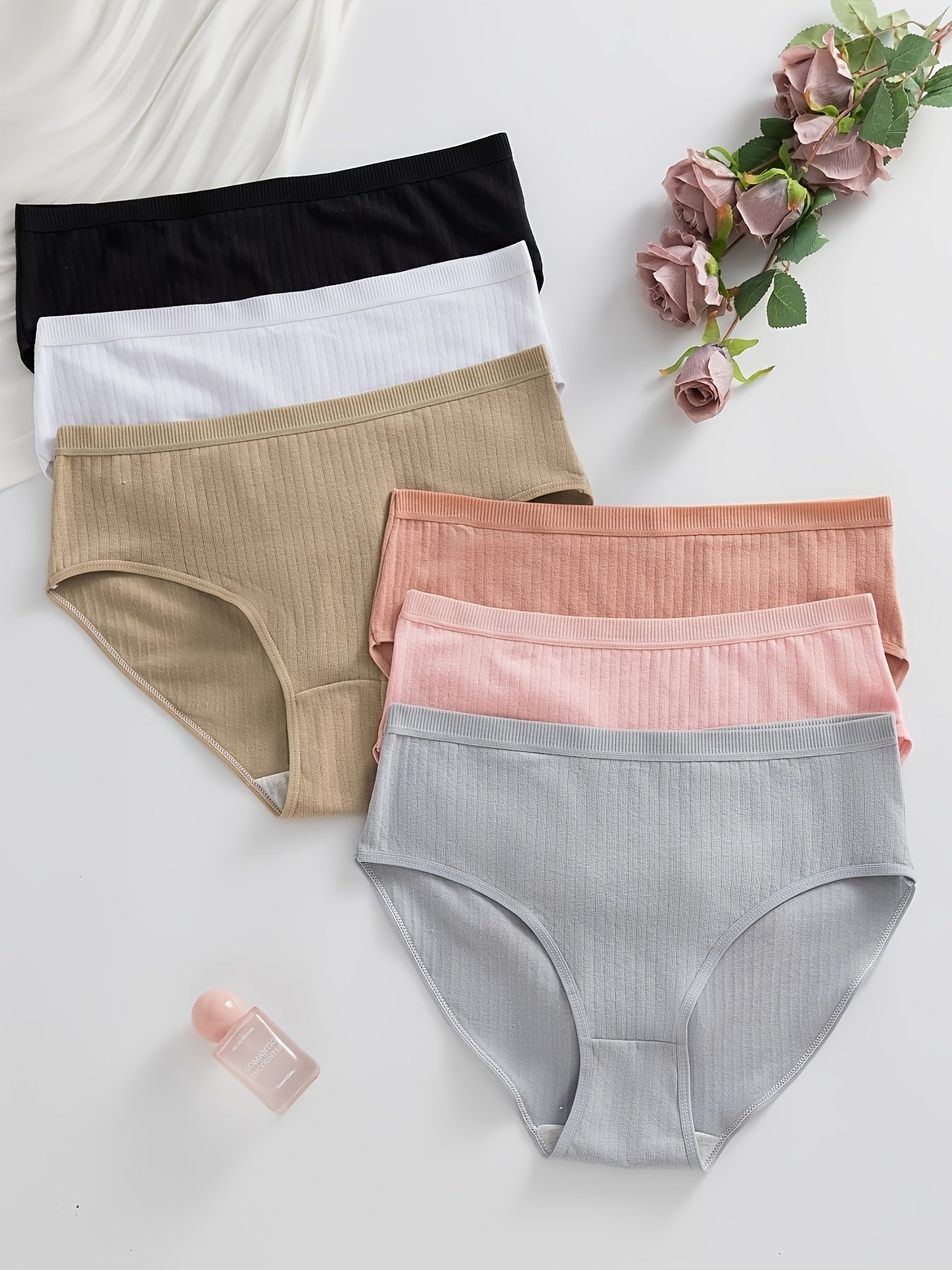 6pcs, Ribbed Underwear, Random Color, Women's Comfortable Breathable Triangle Panties, Soft And Simple Mid-Waist Thong, Maternity Clothes Women