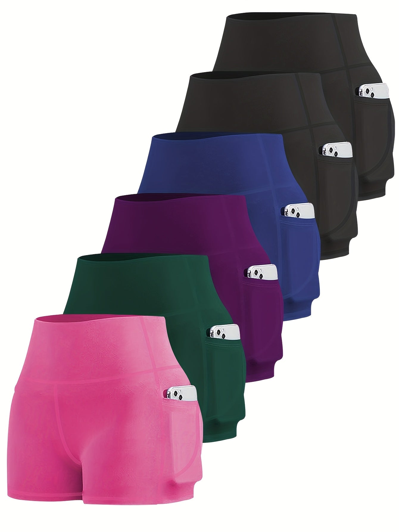 6-pack Plus Size Women'S Sports Shorts High Waist Hip Lifting Yoga Shorts With Pocket Three-quarter Pants Gym Running Exercise Fitness Shorts