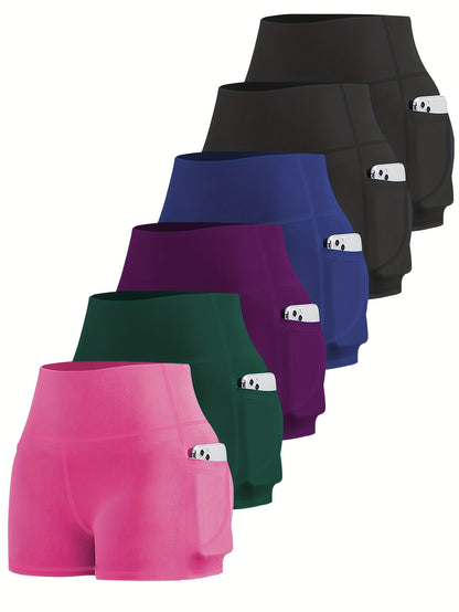 6-pack Plus Size Women'S Sports Shorts High Waist Hip Lifting Yoga Shorts With Pocket Three-quarter Pants Gym Running Exercise Fitness Shorts