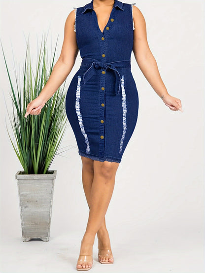 Blue Women's Sleeveless Denim Bodycon Midi Dress - Sexy V-Neck with Front Button Closure, Raw Trim Detail & Stretchy Comfort Fit, Machine Washable All-Season Casual to Evening Dress, Weekend Wear, Comfortable Fit, Trendy Women