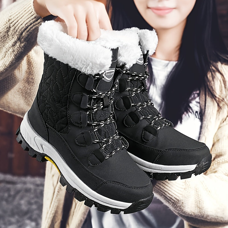 Ladies' High Top Outdoor Snow Boots, Non Slip And Warm Boots With Thick Fleece, Suitable For Outdoor Travel, Rubber Sole, Synthetic Leather Material