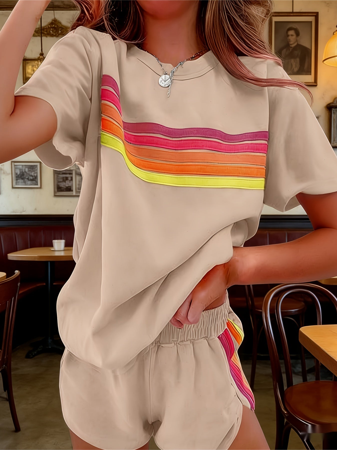 2pcs Set Elevate Your Style with Our Chic Color-Block Shorts Set in White, Blue, Pink, Or Light Brown