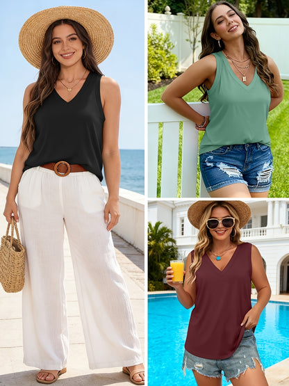 [3 Pack Tank Tops] 3 Pack Womens Tank Tops 2026 Spring Summer Vacation Outfits V Neck Loose Sleeveless Blouse Casual Shirts Fashion Clothes