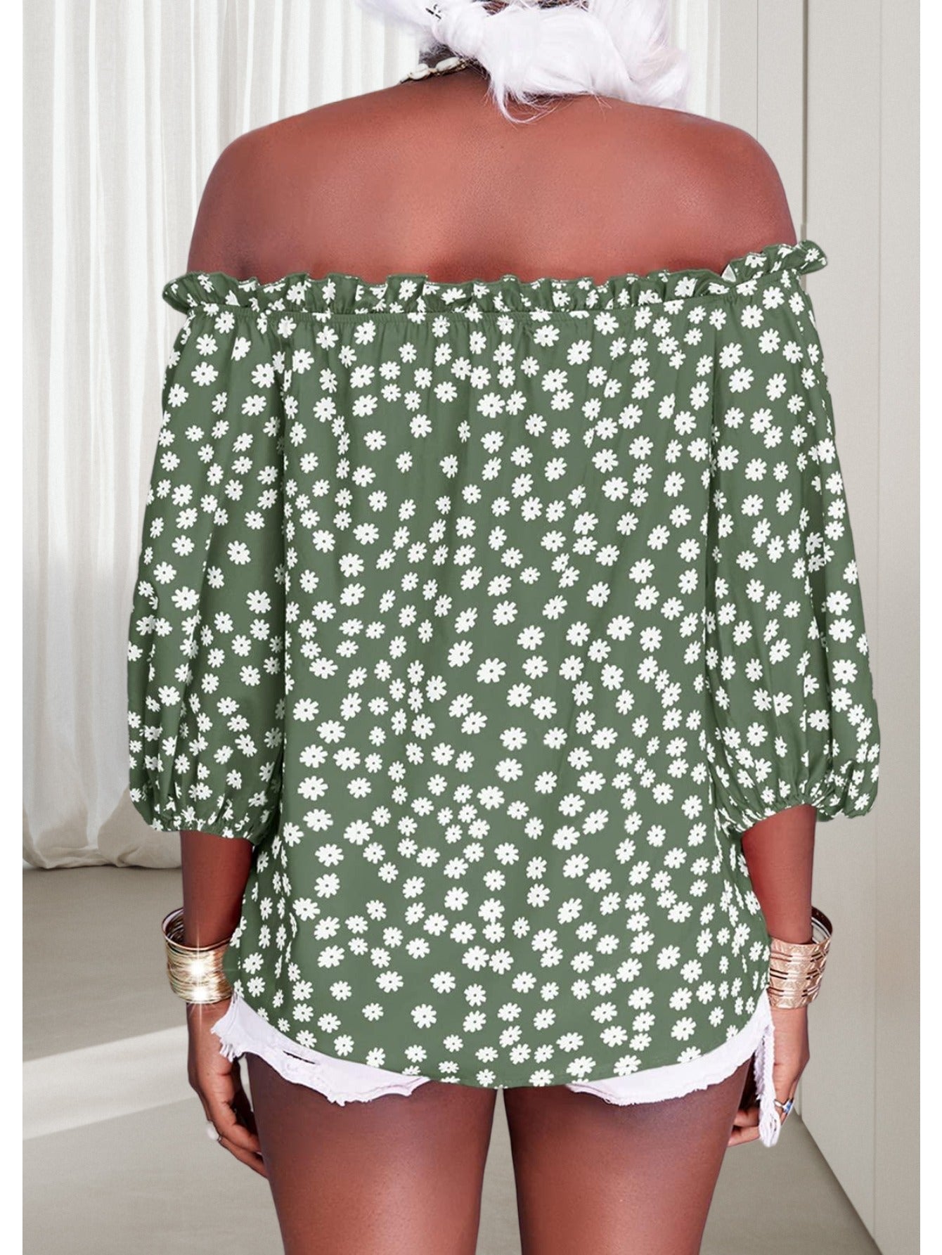 Womens Summer Off Shoulder Blouse Floral Print 3/4 Sleeve Casual Chiffon Tops Shirts